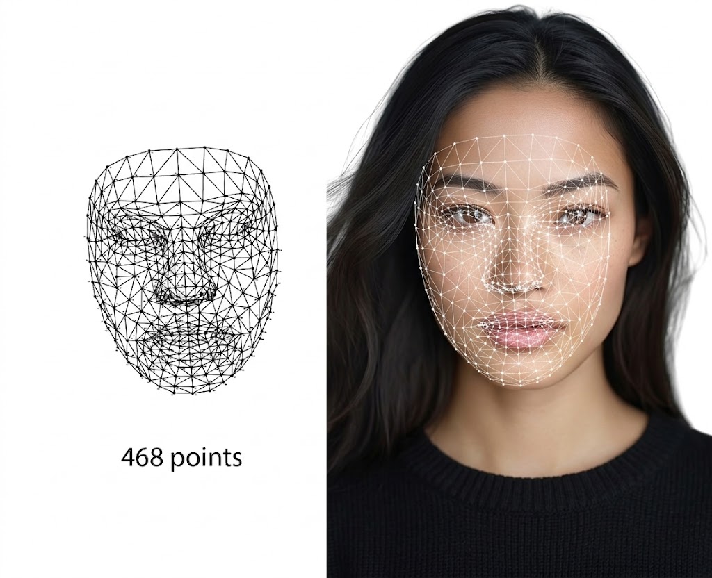 Side-by-side comparison of a 468-point facial landmark mesh: a wireframe 3D face model labeled '468 points' next to a real face with the same dense triangulated mesh tracked across it.